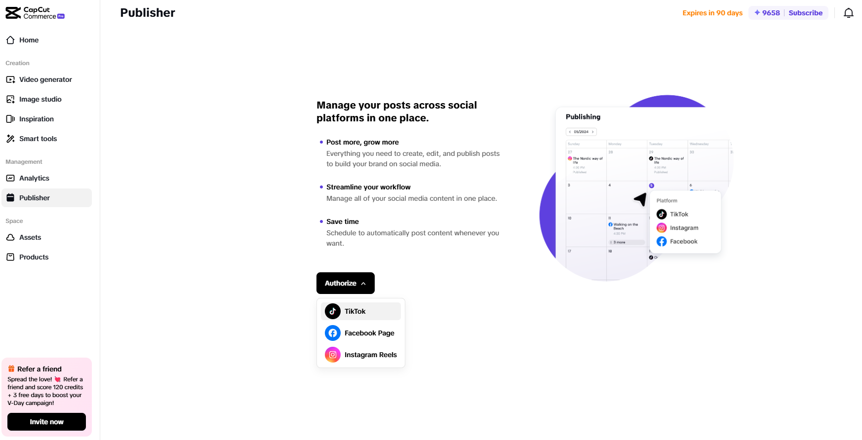 CapCut Commerce Pro screen showing post management for eCommerce automation across social platforms.